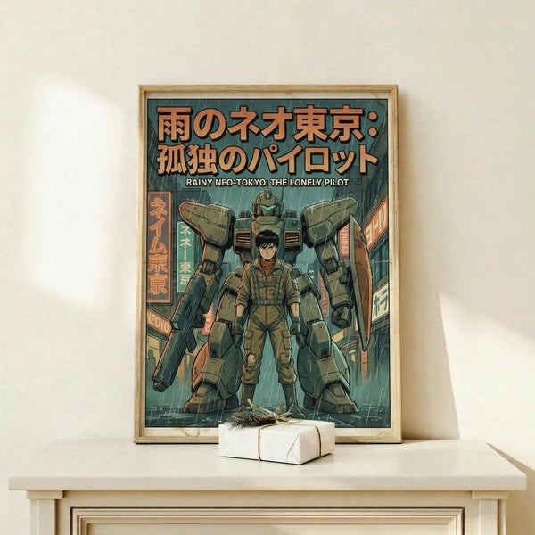 May include: Framed anime-style poster showing pilot in military uniform standing in front of large green mech robot on rainy neo-Tokyo street with neon signs. Artwork features muted green and orange tones with Japanese text at top and English subtitle. Light wood frame displayed on pale wooden shelf next to small white gift box with dried grass sprig against cream wall.