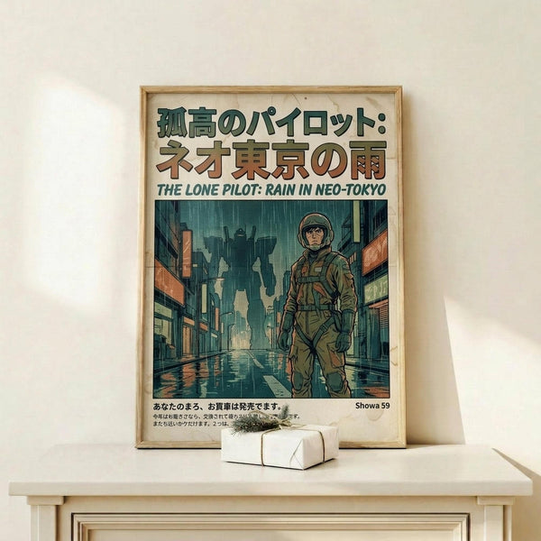 May include: Framed poster displaying a soldier in military gear walking through a rainy futuristic city street with neon signs and tall buildings. Japanese text appears at top with English subtitle "The Lone Pilot: Rain in Neo-Tokyo." Artwork shows green and orange tones with dramatic lighting. Light wooden frame sits on white floating shelf next to small white wrapped gift with twine and dried grass accent against cream wall.