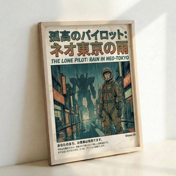 May include: Framed poster print leaning against white wall showing retro-style illustration of soldier in military gear walking through rainy futuristic city street. Japanese text at top with English subtitle "The Lone Pilot: Rain in Neo-Tokyo". Artwork features muted green and orange tones with dramatic lighting. Light wood frame contains vintage-inspired design with additional Japanese text at bottom. Poster appears medium-sized in clean, minimalist room setting.