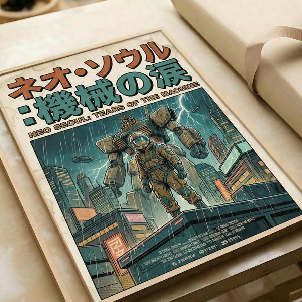 May include: Vintage-style poster with Japanese text and cyberpunk artwork displayed in white frame on cream-colored surface next to rolled paper. The poster features two armored figures in a futuristic cityscape with tall buildings, lightning, and teal-green sky. Art style resembles retro anime or manga with weathered, aged paper texture and muted color palette of browns, teals, and oranges.