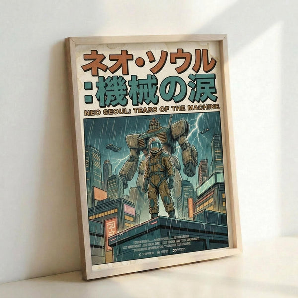 May include: Framed poster with light wood frame leaning against white wall. Features retro-style illustration of armored figure with large mechanical arms standing on futuristic city rooftop during thunderstorm. Japanese text at top in brown and teal colors, with English subtitle below. Cyberpunk aesthetic with neon-lit skyscrapers, rain, and lightning in background. Muted blue-green color palette with orange accent lighting.