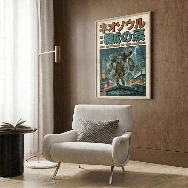 May include: Framed poster with Japanese text and mech robot artwork displayed on wood paneled wall above beige armchair with geometric patterned pillow. Modern reading corner with brass floor lamp and dark round side table holding open book. Warm neutral tones throughout minimalist interior space.