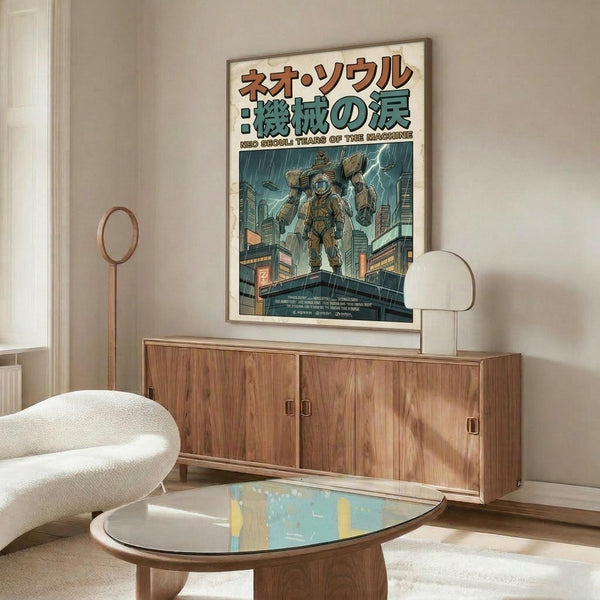 May include: Framed poster with Japanese text and robotic mecha figure standing in futuristic cityscape with lightning and rain, displayed above wooden credenza in modern living room with white curved chair, glass coffee table, and minimalist decor in neutral tones.