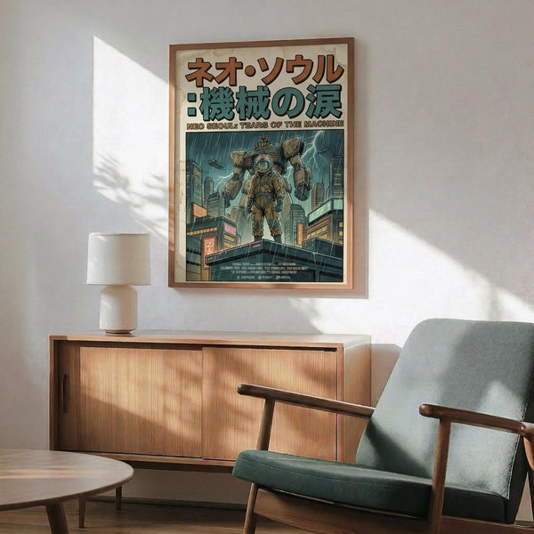 May include: Framed poster with Japanese text and cyberpunk robot mech standing in futuristic city with lightning and rain, displayed above wooden sideboard with white table lamp in modern living room setting with mint green mid-century armchair and round coffee table