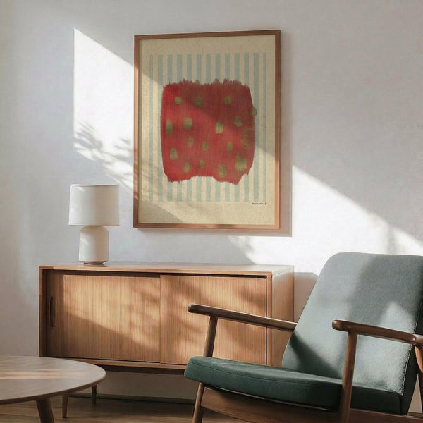 May include: Framed abstract art print with red brushstroke shape covered in green dots against cream background with vertical stripes, displayed above wooden sideboard with table lamp, next to green upholstered mid-century modern chair in sunlit room with white walls.