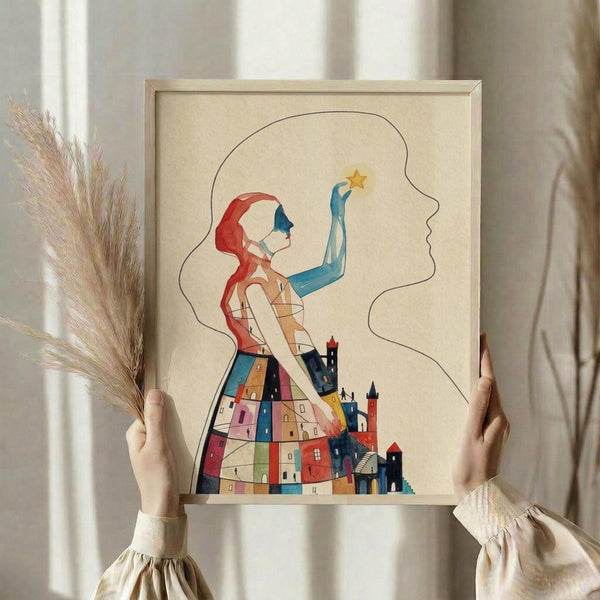 May include: Hands holding a framed art print showing a whimsical illustration of a woman reaching toward a yellow star, with colorful houses forming her dress silhouette. The artwork features warm tones on cream paper in a light wood frame. One hand also holds dried wheat stems against a soft, neutral background with window light.
