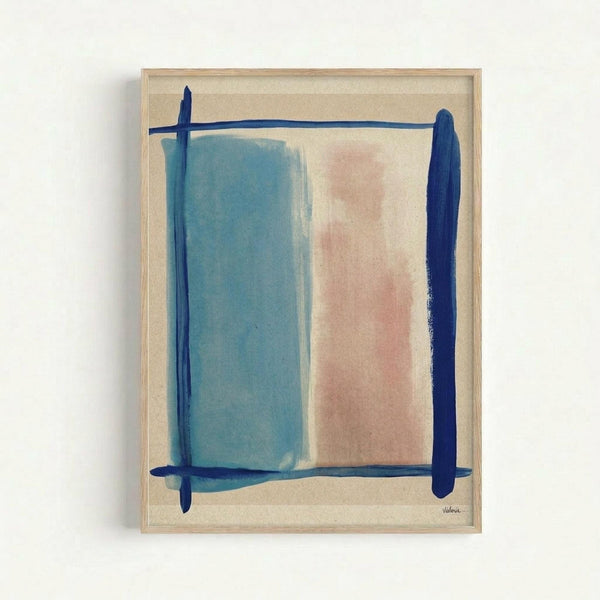Abstract artwork featuring soft blue and pink rectangular color blocks on a cream background, framed by bold navy blue brushstrokes forming a loose border. The composition has a minimalist, painterly quality with gentle color transitions and organic edges. Displayed in a light wood frame against a white wall, with artist signature visible in the bottom right corner.