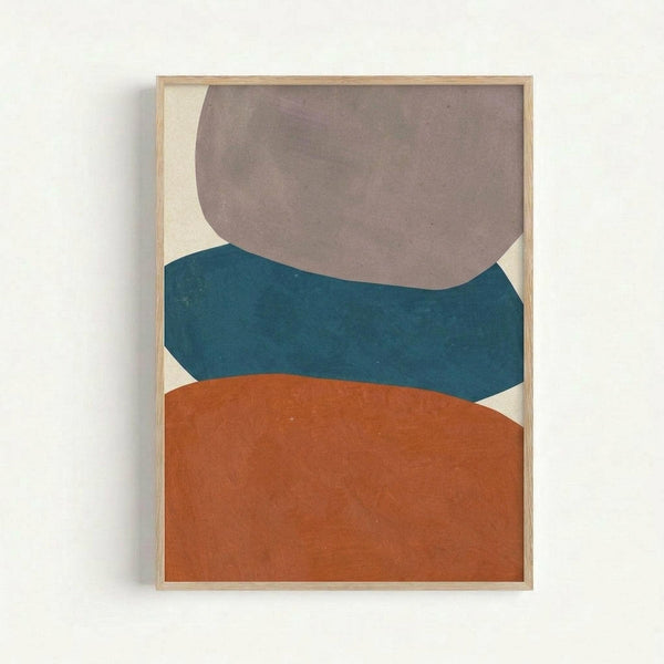 Abstract geometric artwork with three organic, curved shapes stacked vertically - a gray-brown rounded form at top, dark teal curved band in middle, and burnt orange semicircle at bottom, all on cream background. Natural wood frame displays against white wall with subtle shadow.