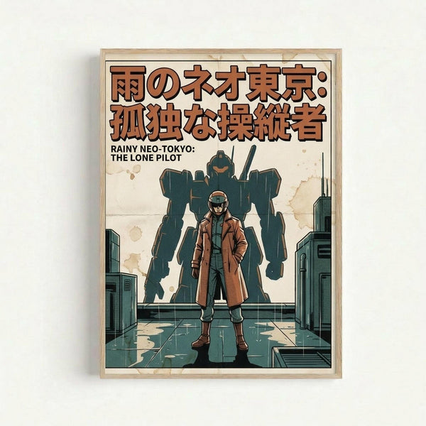 Framed poster displaying anime-style artwork of a pilot in brown coat and helmet standing before a towering dark green mecha robot. The scene features weathered beige tones with industrial futuristic setting. Japanese text appears at top in orange lettering, with English subtitle "RAINY NEO-TOKYO: THE LONE PILOT" below. Natural wood frame against white wall background.