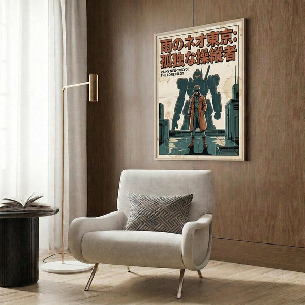 May include: A framed vintage-style poster showing a lone figure in an orange coat standing before a large mecha robot silhouette in a futuristic cityscape. The artwork features Japanese text, muted green and orange colors, and hangs on a wood-paneled wall above a cream-colored modern armchair with geometric throw pillow. A brass floor lamp and dark side table with open book complete the contemporary room setting.