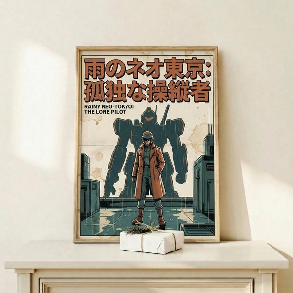 May include: Framed poster displayed on light wooden shelf against white wall. Artwork shows figure in brown coat standing before large mech robot in futuristic cityscape. Japanese text at top in orange letters, English subtitle below. Vintage-style illustration with muted teal and orange colors. Small white gift box with dried grass sprig sits in front of frame on shelf.