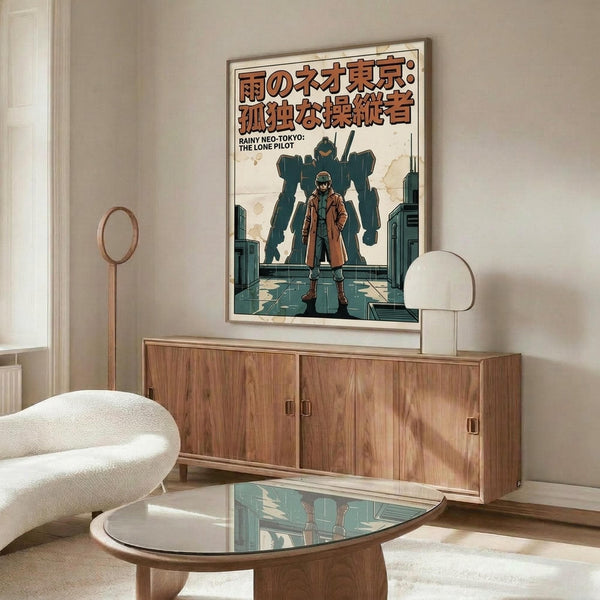 May include: Framed anime-style poster showing lone pilot figure in brown coat standing before giant mecha robot in futuristic cityscape, displayed above mid-century walnut credenza in minimalist living room with white curved chair, round glass coffee table, and modern table lamp