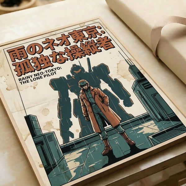 May include: Vintage-style poster print displayed in an open book or portfolio on a cream surface. The artwork features a lone figure in a brown coat standing on a futuristic platform with towering green mechanical structures in the background. Japanese text appears at the top in orange lettering, with "RAINY NEO-TOKYO: THE LONE PILOT" below in English. The poster has an aged, weathered appearance with coffee stain-like marks and uses a muted color palette of greens, browns, and cream tones in a