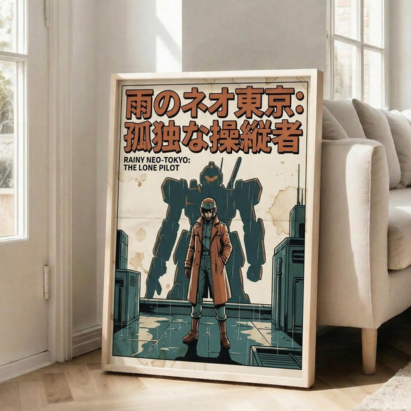 May include: Framed poster leaning against white wall in bright living room with beige sofa. Artwork shows anime-style pilot in brown coat standing before large green mech robot in futuristic hangar setting. Japanese text at top in orange lettering, English subtitle below. Vintage-inspired illustration with muted earth tones and detailed shading.