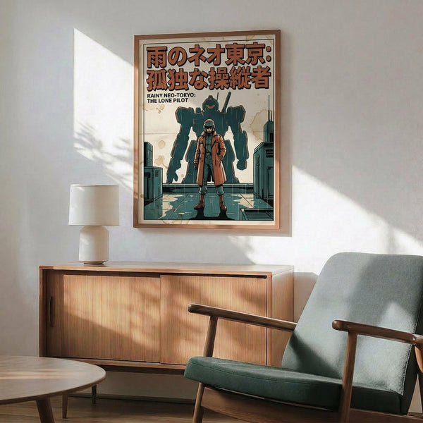 May include: Framed poster showing a lone figure in an orange coat standing before a large mech robot in a futuristic cityscape, displayed above a mid-century modern wooden credenza with lamp in a bright living room with teal upholstered chair. Vintage-inspired anime art style with muted green and orange tones.