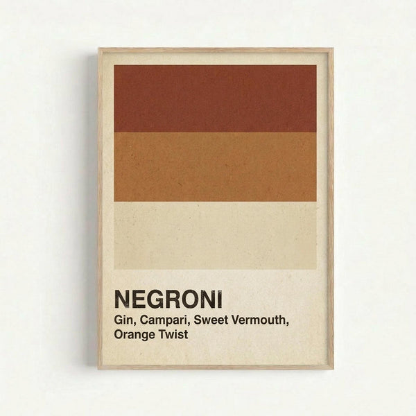 Framed minimalist poster with horizontal color blocks in rust red, warm orange, and cream tones representing Negroni cocktail ingredients. Black text below reads "NEGRONI" and lists "Gin, Campari, Sweet Vermouth, Orange Twist" in clean typography. Light wood frame against white wall background.