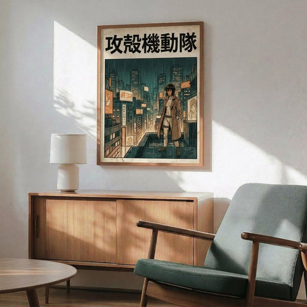 May include: Framed anime-style poster showing figure in trench coat standing in futuristic cityscape with glowing signs and tall buildings, displayed above wooden sideboard with white ceramic lamp in modern living room with mint green mid-century armchair and white walls with natural sunlight shadows.