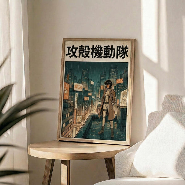 May include: Framed anime-style poster featuring a character in tan trench coat standing in rainy cyberpunk cityscape with teal and orange tones, displayed on round wooden side table next to beige upholstered chair with white pillow, plant visible in corner, natural lighting creates soft shadows on white wall