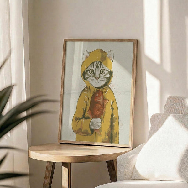 May include: Framed artwork showing a tabby cat wearing a bright yellow hooded raincoat and holding an orange fish, displayed on a round wooden side table next to a beige upholstered chair. Natural sunlight streams across the neutral-toned room, with a plant visible in the corner. The illustration has a whimsical, detailed style in a thin natural wood frame.