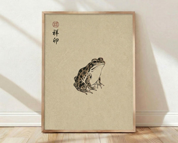 May include: Framed vintage-style Japanese artwork featuring a detailed brown and cream spotted frog illustration on beige textured paper, displayed in light wood frame against white wall on wooden floor with natural lighting and soft shadows