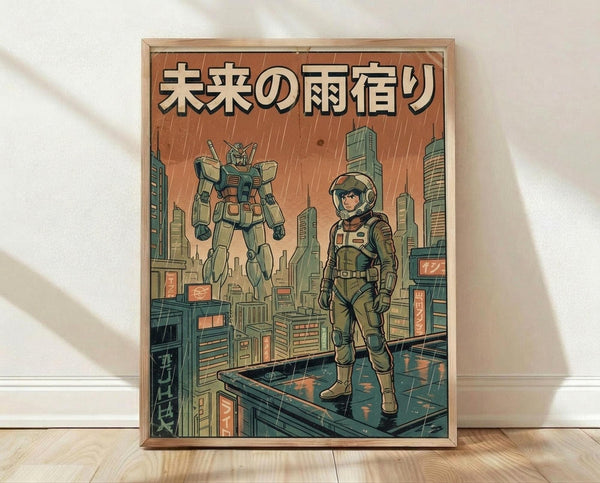 May include: Framed poster featuring a space pilot in tactical gear standing on a futuristic city rooftop with a large mecha robot behind them. The artwork has a retro anime style with muted green, orange and brown tones, Japanese text at the top, and rain falling across the dystopian cityscape. The wooden frame sits on light hardwood flooring against a white wall with soft shadows.