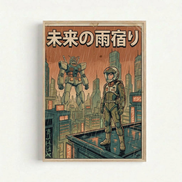 A retro-style poster featuring a pilot in a brown spacesuit standing on a futuristic city rooftop with a large mecha robot behind them. The scene shows tall buildings under an orange-tinted rainy sky with Japanese text at the top. The artwork uses muted greens, browns, and orange tones in a vintage comic book illustration style, displayed in a light wooden frame against a white wall.