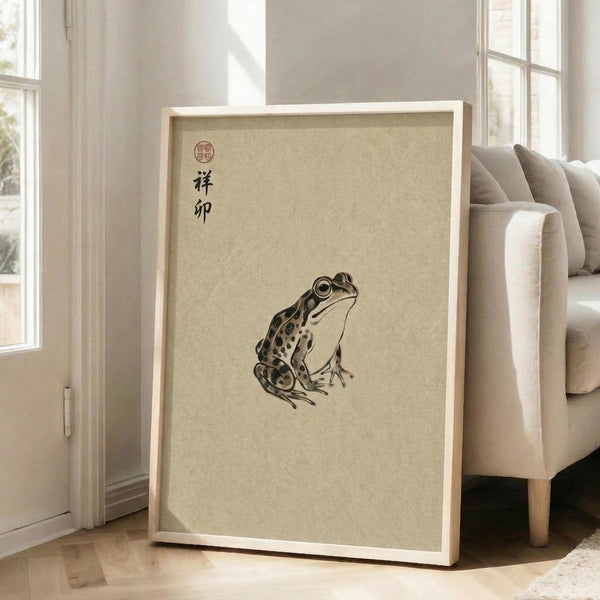 May include: Framed vintage-style artwork featuring a spotted frog illustration with Japanese characters, displayed in a light wooden frame against a beige armchair in a bright, naturally-lit room with white walls and large windows.