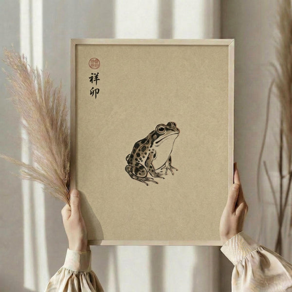 May include: A person in cream clothing holds a framed vintage-style Japanese frog illustration on beige textured paper. The artwork features a brown spotted frog with Japanese characters and a red seal in the upper left corner. The natural wood frame is held alongside dried pampas grass stems against a soft neutral background with window light.