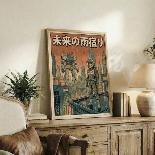 May include: Framed poster with Japanese text and illustration of astronaut figure and green mecha robot against orange sky with futuristic city skyline, displayed on rustic wooden sideboard alongside fern plant, ceramic vase, and books in cozy living room setting with beige armchair
