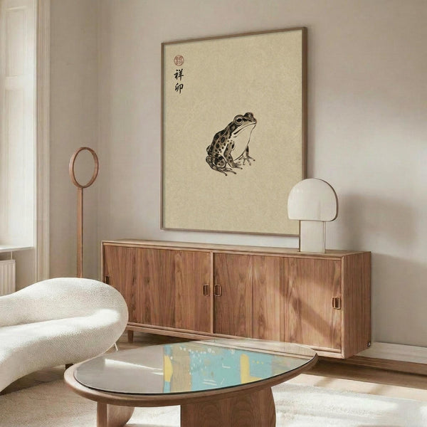 May include: Framed vintage Japanese frog artwork hanging above a mid-century walnut credenza in a minimalist living room. The cream-colored print features a detailed black ink frog illustration with Japanese characters. Modern white curved chair and glass-top coffee table with abstract blue and yellow art visible. Warm wood tones complement the neutral beige walls and natural lighting.