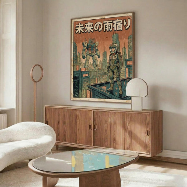 May include: Framed anime-style poster showing mecha robot and pilot character against futuristic cityscape in rain, displayed above walnut credenza in modern living room with white sculptural chair, glass coffee table, and table lamp
