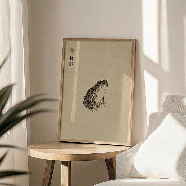 May include: Framed vintage Japanese-style ink drawing of a spotted frog on cream paper with Chinese characters and red seal stamp, displayed on round wooden side table next to beige upholstered chair with white pillow, green plant leaves visible, natural sunlight creating soft shadows on white wall