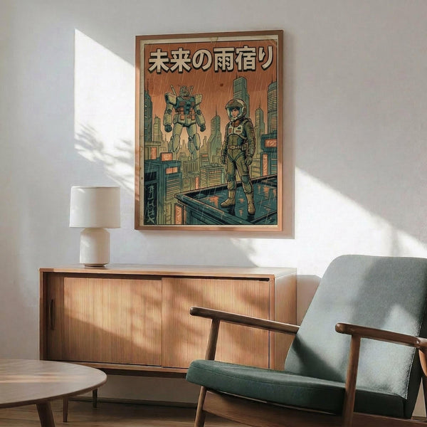May include: Framed vintage-style anime poster featuring a mech robot and pilot character in green space suits against a futuristic cityscape, displayed above a wooden credenza with white ceramic lamp in a modern living room with mint green mid-century armchair and natural lighting casting shadows on white walls.
