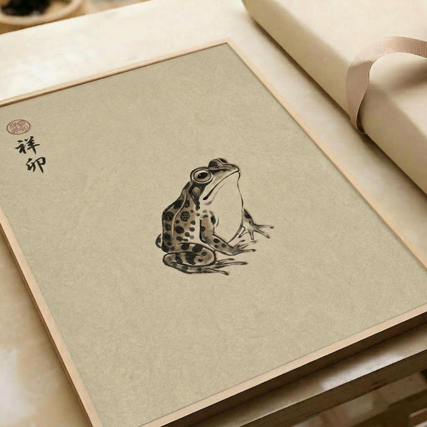 May include: Traditional Japanese ink painting of a spotted frog on beige textured paper, displayed in an open book or portfolio with cream-colored pages and ribbon binding, photographed on a light wooden surface with soft natural lighting
