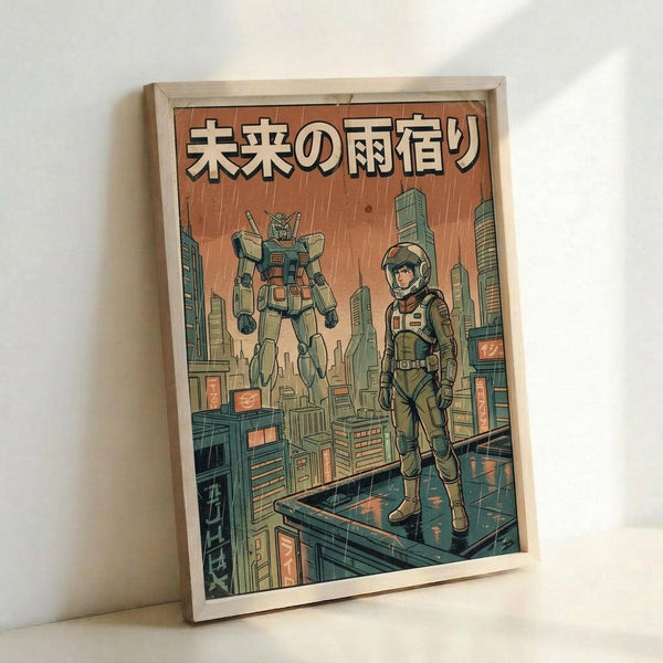 May include: Framed poster print featuring anime-style artwork with Japanese text at top. Shows a mecha robot and pilot character in space suit standing on futuristic cityscape with tall buildings. Artwork has orange-tinted sky with rain, green and teal color scheme for buildings and characters. Natural wood frame, leaning against white wall corner.
