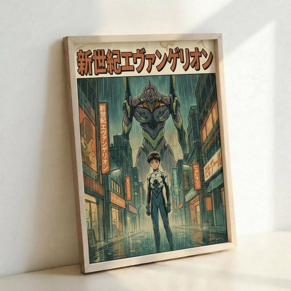 May include: Framed anime poster featuring a young pilot character in white plugsuit standing on a rainy city street with a towering green and purple mecha looming behind. Japanese text at top, urban setting with neon signs and buildings. Wooden frame leaning against white wall, showing vintage-style artwork with muted green and orange tones throughout the futuristic scene.