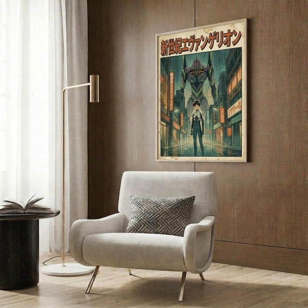 May include: Framed anime poster displaying a young character standing in a rain-soaked city street with a large mechanical figure looming behind them, featuring Japanese text at the top. The vintage-style poster hangs on a wood-paneled wall above a cream-colored armchair with geometric throw pillow, beside a modern brass floor lamp and dark round side table with open book.