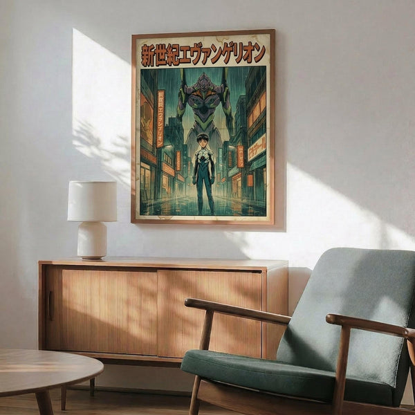 May include: Framed Neon Genesis Evangelion poster displayed above a wooden sideboard in a mid-century modern living room. The vintage-style poster shows a young pilot character standing in a futuristic city street with a large mecha towering behind him in green and teal tones. Japanese text appears at the top. The room features a teal upholstered armchair, round coffee table, and white ceramic lamp with natural sunlight streaming across white walls.