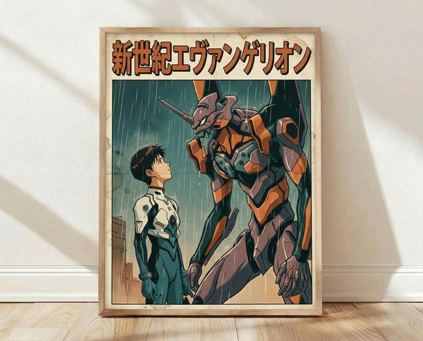 May include: Framed anime poster displayed against white wall on wooden floor. Shows young man in white plugsuit standing beside large orange and purple mecha robot in rainy scene. Japanese text at top in orange letters. Wooden frame, vintage-style artwork with muted colors and dramatic lighting.