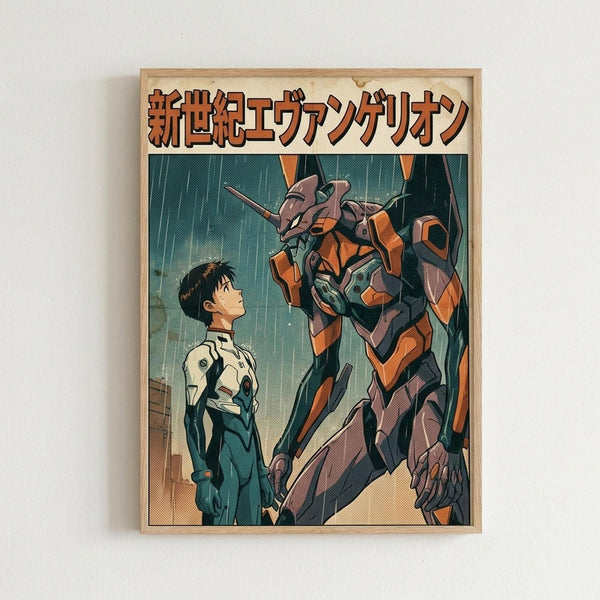 Framed anime poster featuring a young boy in a white and teal pilot suit standing next to a towering orange and purple mecha robot in the rain. Japanese text appears at the top in orange letters. The artwork has a vintage illustration style with muted colors and detailed shading. The wooden frame is displayed against a white wall, showing the full poster design with dramatic lighting and post-apocalyptic atmosphere.