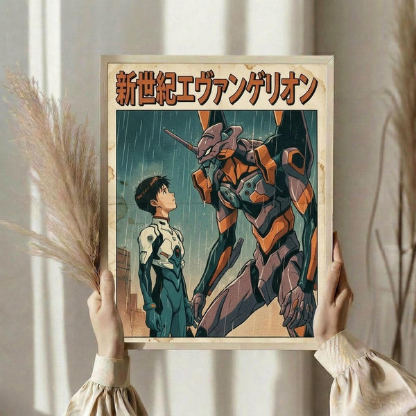 May include: Person in cream sweater holding framed anime poster against white curtained window. Frame shows orange and purple mecha robot standing over young person in plugsuit during rainy scene. Dried pampas grass visible on left side. Vintage-style artwork with Japanese text at top in orange letters.