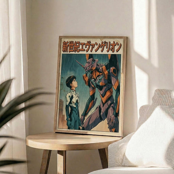 May include: Framed anime poster displayed on wooden round side table next to beige upholstered chair. Poster features Japanese text at top, depicts young man in white pilot suit standing beside large orange and purple mechanical robot in rain. Artwork has retro anime illustration style with muted teal and orange color palette. Natural wooden frame matches table. Soft window lighting creates shadows across white wall and plant leaves visible at left edge.