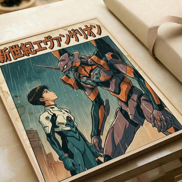 A vintage-style anime poster showing a young man in a white and green pilot suit looking up at a large orange and purple mechanical robot against a rainy, stormy sky. Japanese text appears at the top in orange lettering. The artwork has a retro comic book aesthetic with halftone dot patterns and muted colors. The poster is displayed on an open book or magazine with white pages, photographed on a light wooden surface.