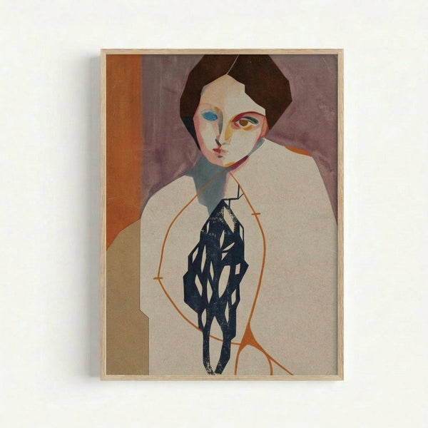 A framed modernist portrait painting featuring a stylized figure with dark hair and asymmetrical facial features in muted colors. The subject wears a white garment with a dark patterned section in the torso area, outlined in orange. The background combines purple, orange, and beige geometric sections. The artwork displays early 20th century avant-garde characteristics with simplified forms and bold color blocking, presented in a light wooden frame against a white wall.