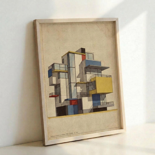 May include: Framed architectural artwork leaning against white wall showing abstract modernist building design with geometric shapes in yellow, blue, red, and brown colors. Natural wood frame contains cream-colored textured paper with detailed line drawing of stacked cubic structures and balconies. Soft natural lighting creates gentle shadows on the wall.