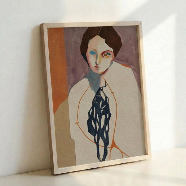May include: A framed modernist portrait print leaning against a white wall, showing a stylized figure with asymmetrical colored eyes - one blue, one brown - dark hair, and pale skin. The figure wears a white garment with blue abstract elements in the torso area, outlined in orange. The background features purple and orange geometric sections. The artwork is displayed in a simple light wood frame and appears to be a reproduction of early 20th century avant-garde art.
