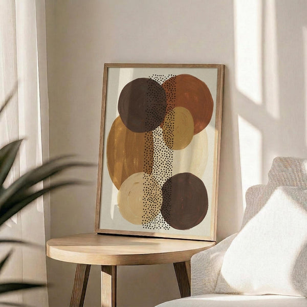 May include: Abstract art print in wooden frame displaying overlapping circles in earthy tones of brown, rust orange, cream and golden yellow with dotted patterns running vertically through center, displayed on round wooden side table next to beige upholstered chair with plant leaves visible in corner, natural sunlight casting shadows on neutral wall