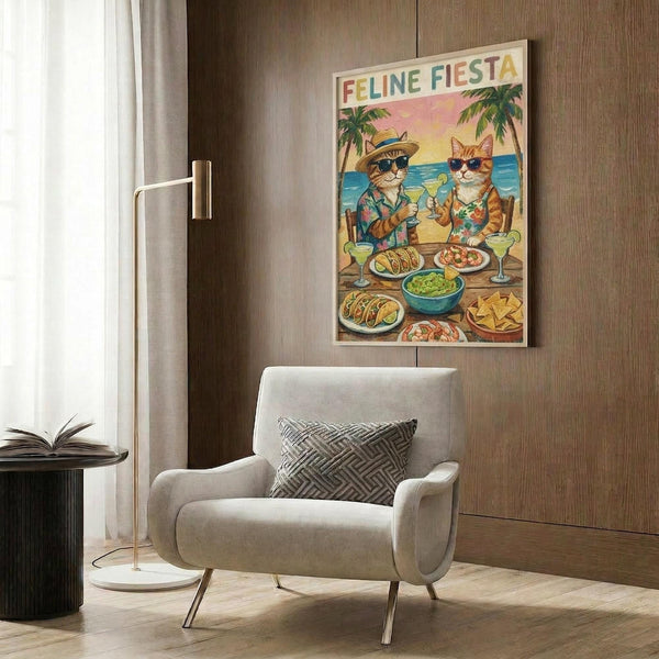 May include: Vintage-style poster showing two cats in tropical shirts and sunglasses sitting at a table with Mexican food including tacos, guacamole, and margaritas. Palm trees and ocean sunset backdrop with "Feline Fiesta" text at top. Poster displayed on wood paneled wall above cream upholstered chair with geometric pillow, gold floor lamp, and side table with open book nearby.