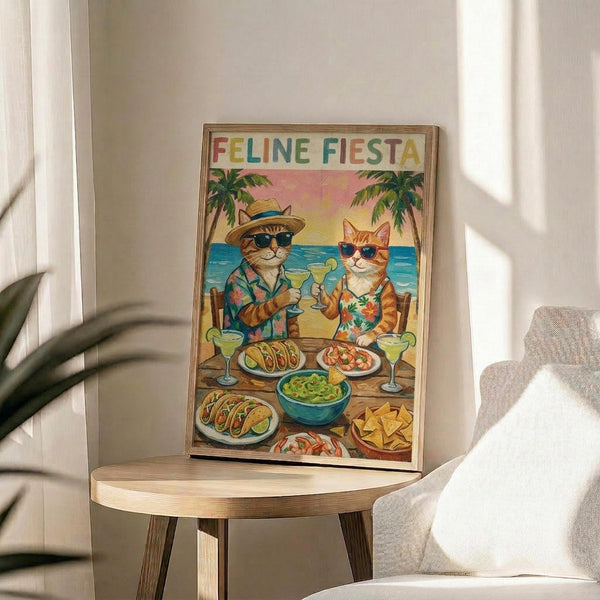 May include: Framed poster artwork featuring two cartoon cats in sunglasses sitting at a beach table with Mexican food and margaritas. The illustration shows palm trees, ocean backdrop, and colorful title reading "Feline Fiesta" at top. Natural wood frame sits on round wooden side table next to beige upholstered chair in bright, airy room with white walls and plant shadows.