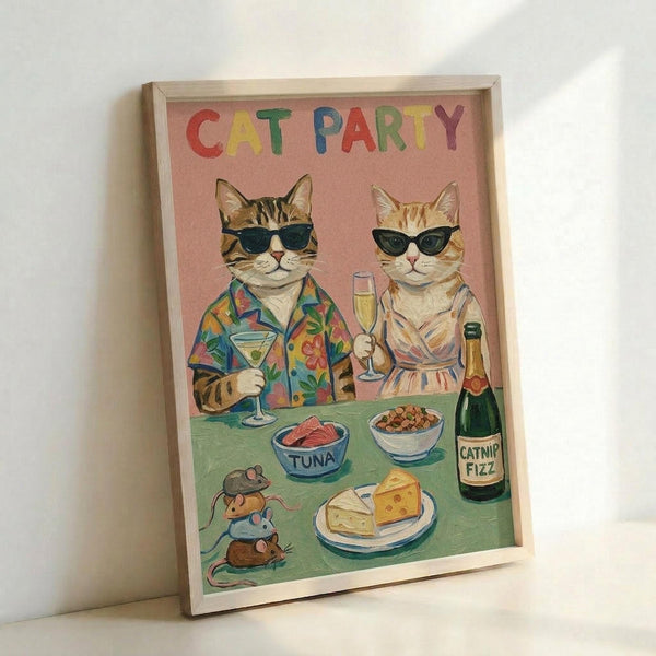 Two cartoon cats wearing sunglasses sit at a green table with party food and drinks. The tabby cat on left wears a colorful Hawaiian shirt and holds a martini glass, while the orange cat on right wears a light-colored top and holds champagne. The table displays tuna in a bowl, cheese on a plate, cat treats, and a bottle labeled "Catnip Fizz." Three small mice appear near the table's edge. The artwork has a pink background with "CAT PARTY" written in colorful letters at the top, displ